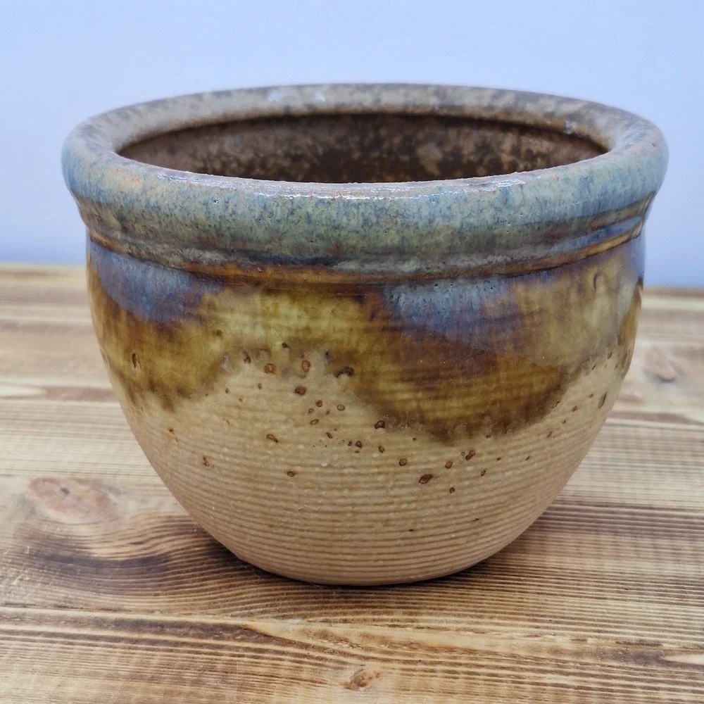 Mini Ceramic‎ Flower Pot Green Glazed Ring On Tan 3.5